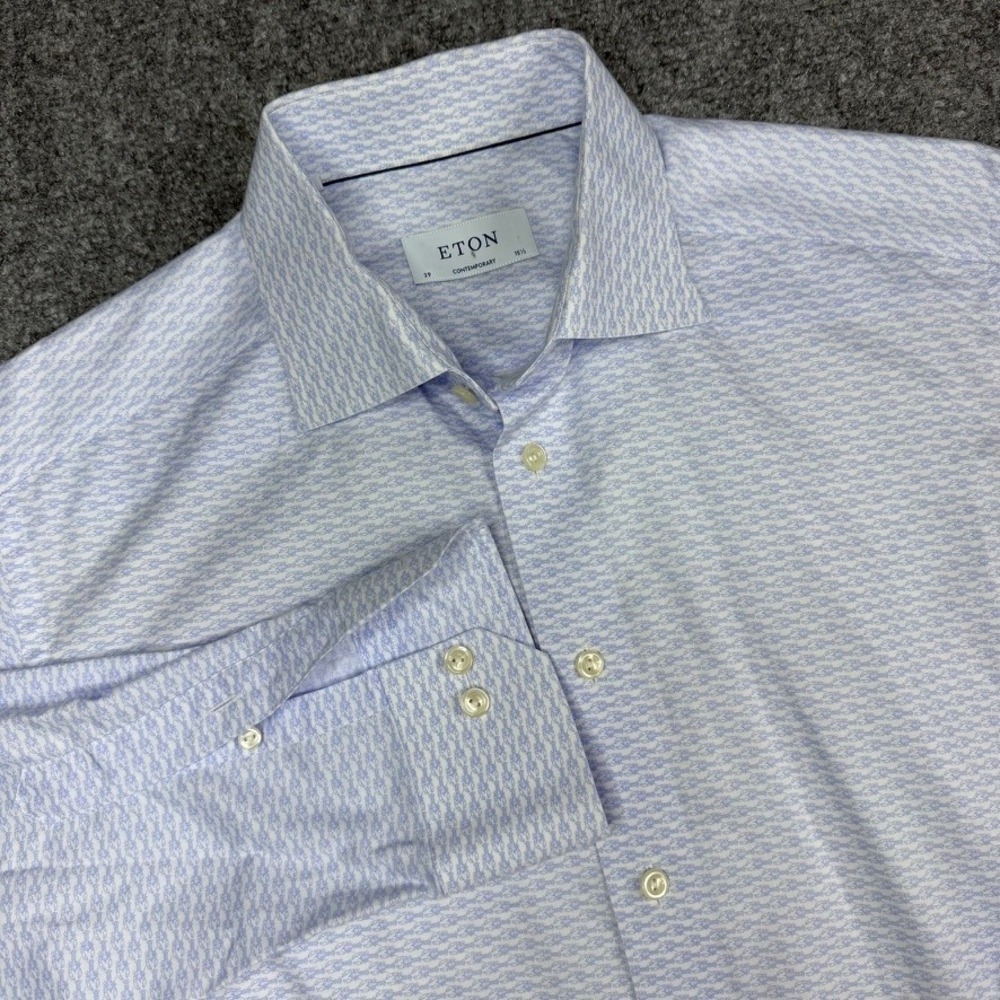 Eton Dress Shirt Mens 15.5 39 Blue White Lobster Print Contemporary Fit Cotton